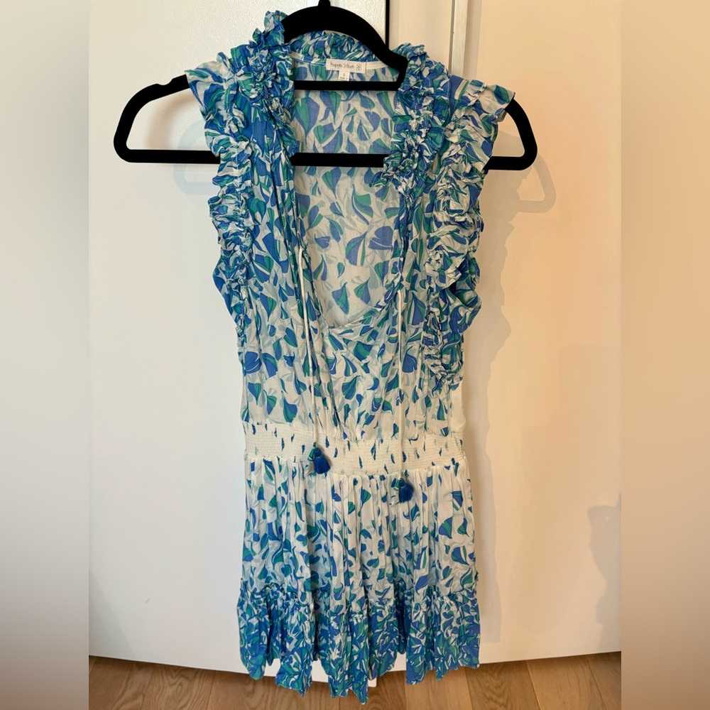 Poupette St Barth blue and white dress with elastic waist, size small